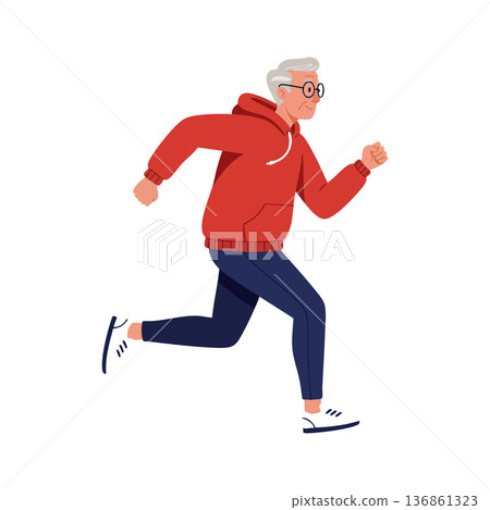 Elderly man running in casual red hoodie and navy pants active lifestyle fitness exercise vector illustration Elderly man running in casual red hoodie and navy pants active lifestyle fitness exercise vector illustration 136861323