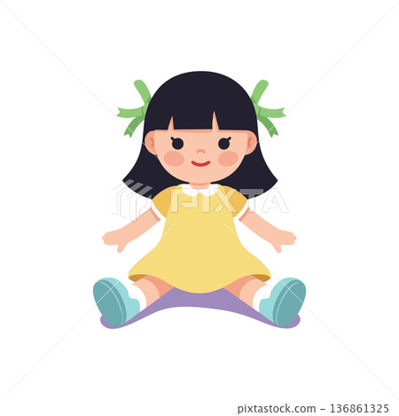 Cute little girl sitting wearing yellow dress with green ribbons and blue shoes vector illustration Cute little girl sitting wearing yellow dress with green ribbons and blue shoes vector illustration 136861325