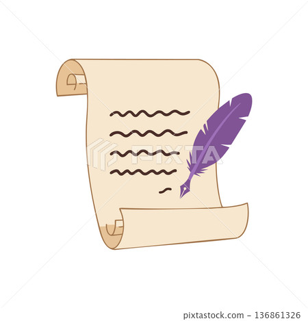 Ancient parchment scroll with purple feather quill pen writing vintage style vector illustration Ancient parchment scroll with purple feather quill pen writing vintage style vector illustration 136861326