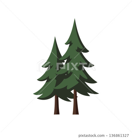 Pine tree vector graphic with green foliage and brown trunks in simple flat style for nature designs and forest themes 136861327