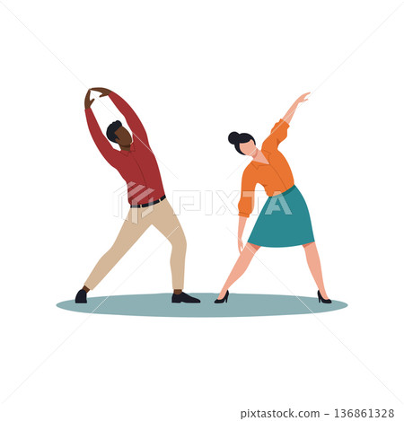 Man and Woman Stretching Together in Casual Clothes for Fitness and Wellness Activity at Home or Gym 136861328
