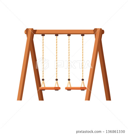 Wooden playground swing set with two seats in simple vector style for children outdoor recreation and fun activities Wooden playground swing set with two seats in simple vector style for children outdoor recreation and fun activities 136861330