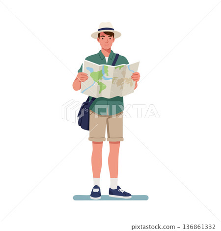 Male tourist standing holding map exploring travel destination with hat and casual outfit vector illustration Male tourist standing holding map exploring travel destination with hat and casual outfit vector illustration 136861332