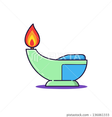 Diya lamp with flame vector illustration in green and blue colors for festive and cultural decoration purposes Diya lamp with flame vector illustration in green and blue colors for festive and cultural decoration purposes 136861333