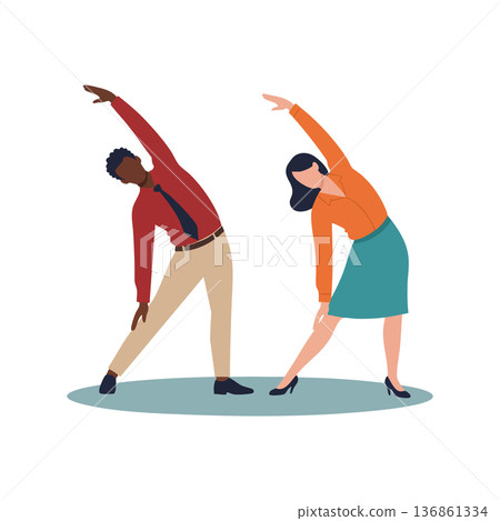 Businesspeople stretching together for office fitness and workplace wellness routine vector illustration 136861334
