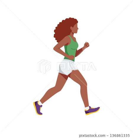 Woman running outdoors active fitness exercise jogging in green tank top and white shorts vector illustration 136861335