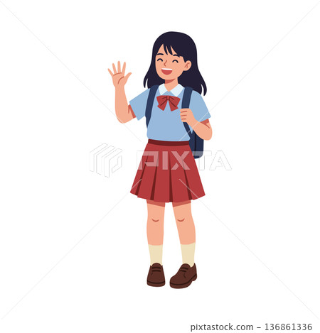Schoolgirl waving hand with backpack wearing blue shirt and red skirt vector illustration of happy student Schoolgirl waving hand with backpack wearing blue shirt and red skirt vector illustration of happy student 136861336