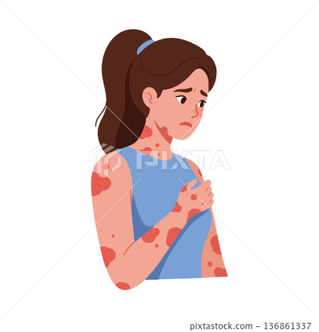 Young woman with red skin rash on body and arms worried about allergy symptoms vector illustration 136861337