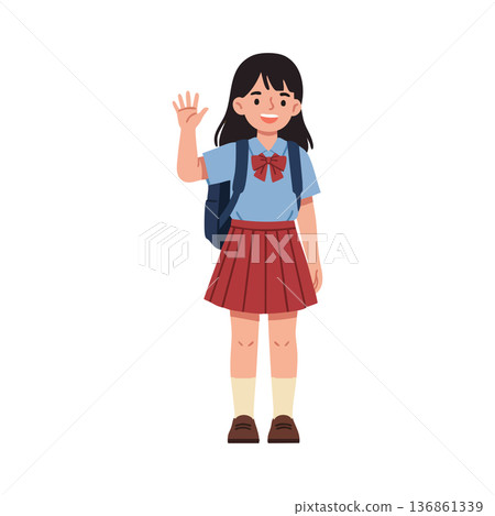 Schoolgirl waving hand in uniform with backpack smiling cheerful vector illustration of young student in red skirt and blue shirt Schoolgirl waving hand in uniform with backpack smiling cheerful vector illustration of young student in red skirt and blue shirt 136861339