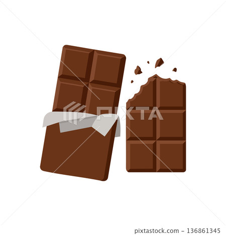 Chocolate bar with broken pieces and silver wrapper vector illustration for dessert and sweet food design Chocolate bar with broken pieces and silver wrapper vector illustration for dessert and sweet food design 136861345