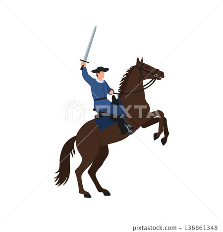Cavalry soldier riding brown horse rearing with sword raised in blue uniform vector illustration 136861348