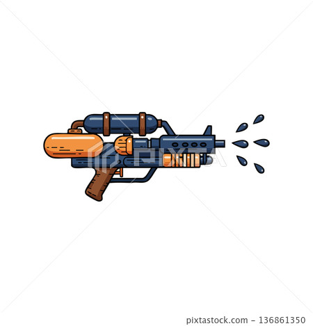 Water gun toy with blue and orange colors shooting water drops vector illustration for summer fun and outdoor play Water gun toy with blue and orange colors shooting water drops vector illustration for summer fun and outdoor play 136861350
