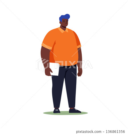 Man with blue hair holding folder standing relaxed wearing orange shirt and black pants vector illustration 136861356