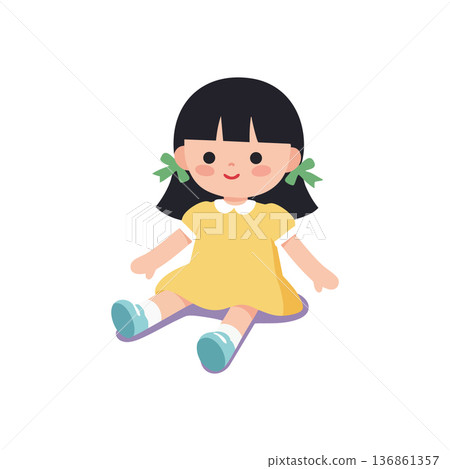 Cute little girl doll wearing yellow dress and blue shoes sitting with green ribbons in hair vector illustration Cute little girl doll wearing yellow dress and blue shoes sitting with green ribbons in hair vector illustration 136861357