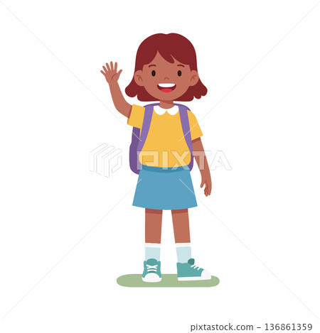 Girl waving hand smiling in casual outfit with backpack standing and greeting vector illustration 136861359