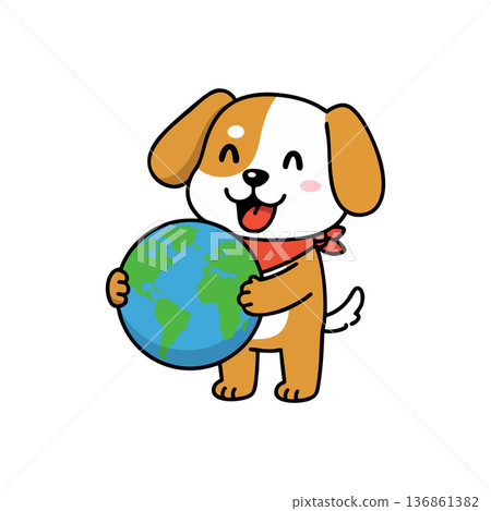 Cute cartoon dog holding globe earth smiling vector illustration friendly design 136861382