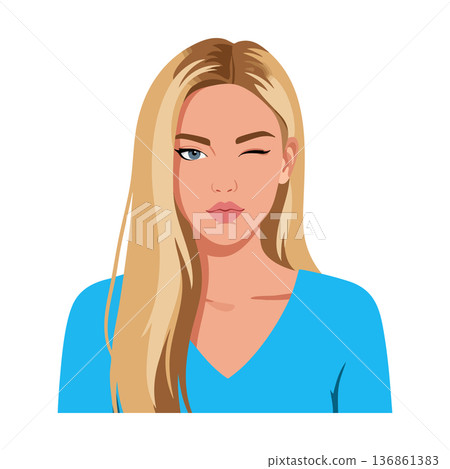 Blonde Woman Winking Wearing Blue Shirt Vector Illustration with Long Hair and Facial Expression Blonde Woman Winking Wearing Blue Shirt Vector Illustration with Long Hair and Facial Expression 136861383