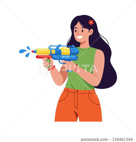 Young woman holding colorful water gun playing outdoors summer fun activity vector illustration Young woman holding colorful water gun playing outdoors summer fun activity vector illustration 136861384