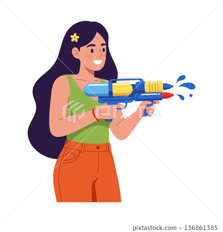 Girl with water gun playing summer outdoor game illustration vector Girl with water gun playing summer outdoor game illustration vector 136861385