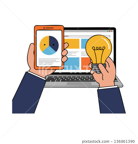 Businessman holding smartphone with pie chart and light bulb in front of laptop technology concept Businessman holding smartphone with pie chart and light bulb in front of laptop technology concept 136861390