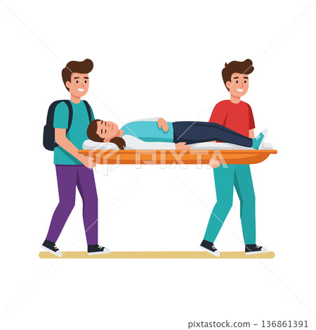 Two men carrying woman on stretcher in emergency rescue situation vector illustration 136861391