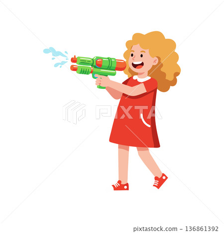 Girl playing with green water gun in red dress and sneakers vector illustration Girl playing with green water gun in red dress and sneakers vector illustration 136861392