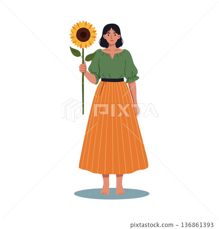 Woman holding sunflower with green blouse and orange skirt barefoot vector illustration Woman holding sunflower with green blouse and orange skirt barefoot vector illustration 136861393