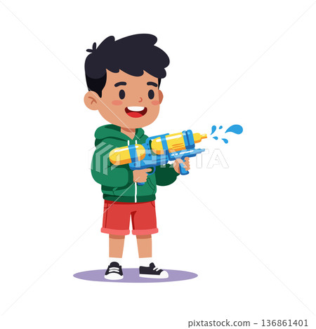 Boy with water gun wearing green hoodie and red shorts playing happily vector illustration Boy with water gun wearing green hoodie and red shorts playing happily vector illustration 136861401