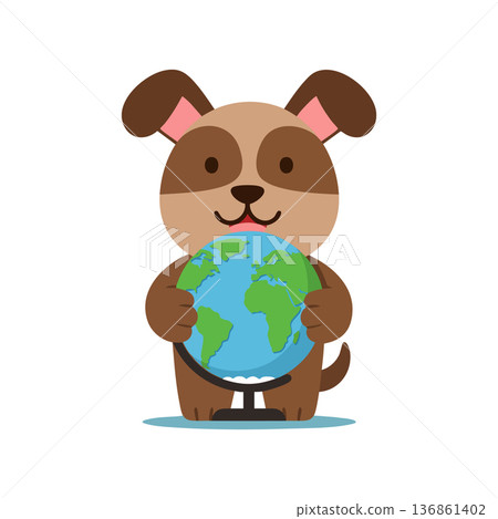Cute dog holding globe earth illustration for environmental awareness and pet themes Cute dog holding globe earth illustration for environmental awareness and pet themes 136861402