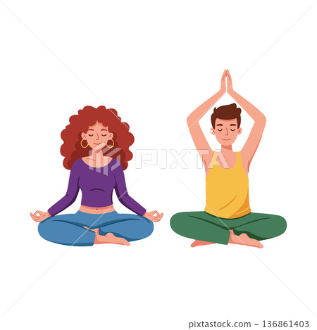 Young man and woman practicing meditation and yoga with calm expressions and casual clothing vector illustration Young man and woman practicing meditation and yoga with calm expressions and casual clothing vector illustration 136861403