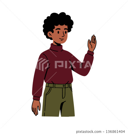 Young man with curly hair waving hand in casual outfit vector illustration 136861404