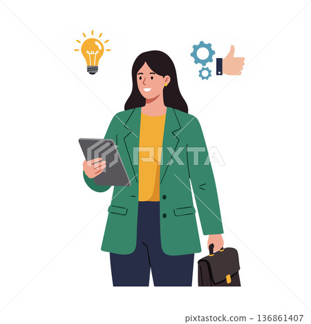 Businesswoman with tablet and briefcase in green blazer with creative idea icons Businesswoman with tablet and briefcase in green blazer with creative idea icons 136861407