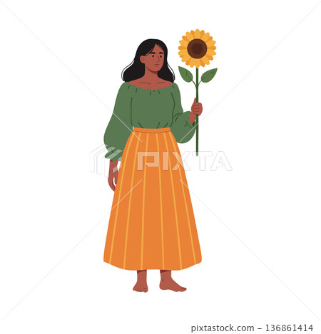 Woman holding sunflower wearing green blouse and orange skirt vector illustration 136861414
