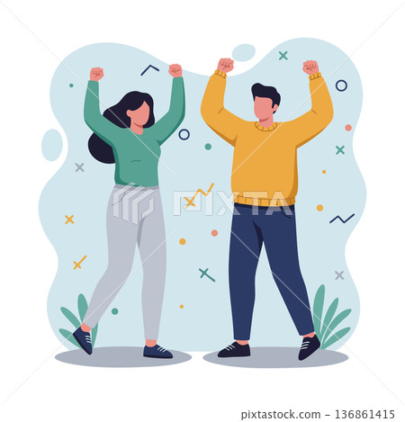Young man and woman celebrating success with raised arms in casual clothing vector illustration Young man and woman celebrating success with raised arms in casual clothing vector illustration 136861415