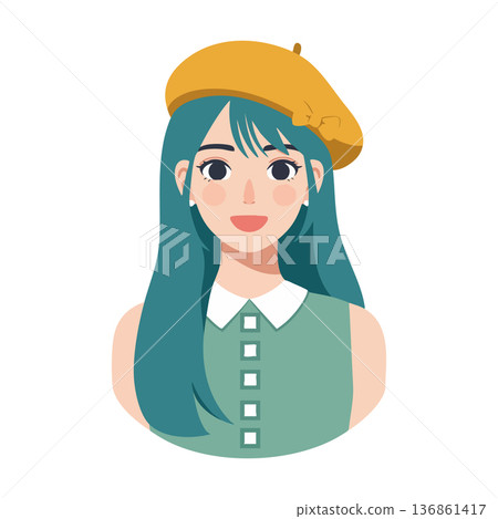 Young woman with long teal hair wearing yellow beret and green dress vector illustration portrait 136861417