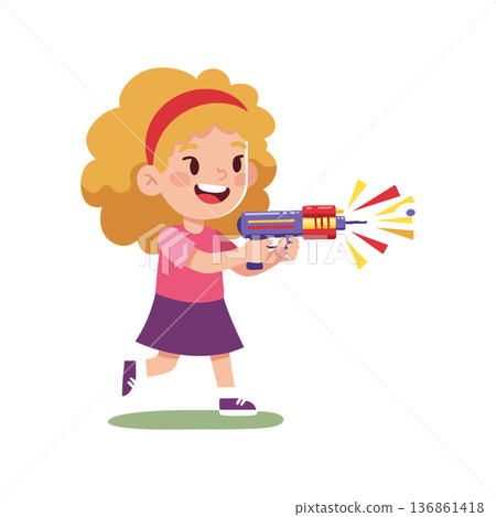 Girl playing with colorful toy gun in playful outdoor scene cheerful expression Girl playing with colorful toy gun in playful outdoor scene cheerful expression 136861418