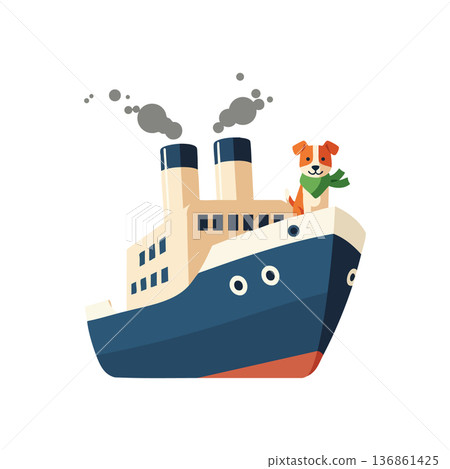 Steamship with happy dog on bow cartoon style vector illustration nautical transport design Steamship with happy dog on bow cartoon style vector illustration nautical transport design 136861425