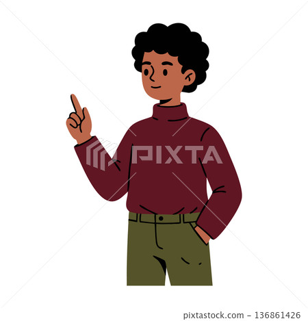 Young person pointing upward wearing maroon sweater and olive pants vector illustration 136861426