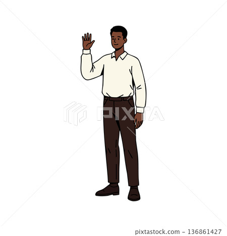 Man waving hand greeting gesture casual clothing vector illustration Man waving hand greeting gesture casual clothing vector illustration 136861427