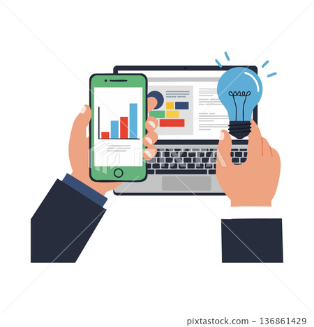 Business Innovation Technology Concept with Smartphone and Laptop Displaying Graphs and Lightbulb Idea 136861429