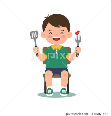 Happy boy sitting on chair holding fork and spatula ready to eat food vector illustration 136861432