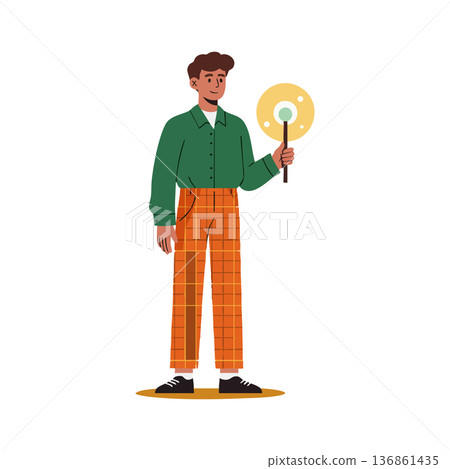 Young man holding glowing light circle illustration with orange plaid pants and green shirt vector 136861435