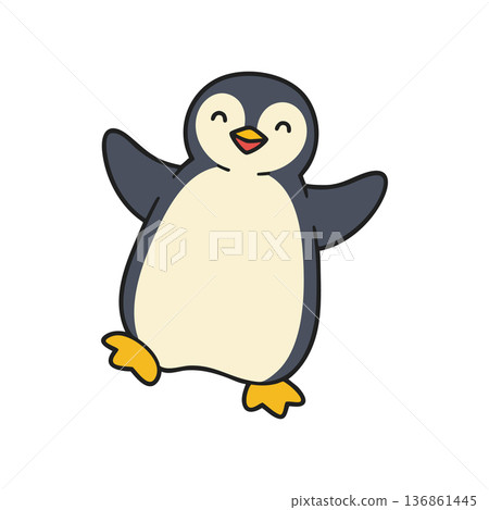 Cute happy penguin cartoon character illustration in playful pose vector 136861445