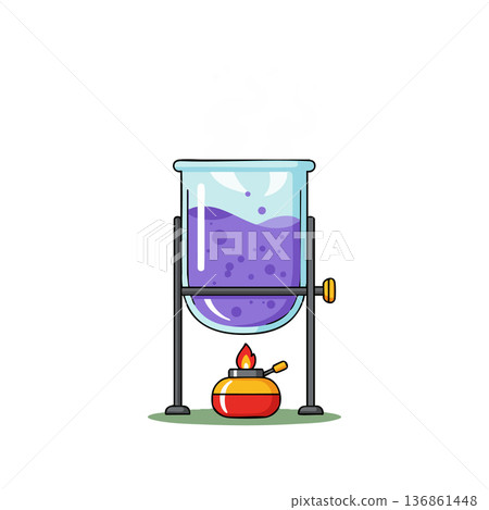 Laboratory glass beaker with purple liquid boiling on Bunsen burner vector illustration Laboratory glass beaker with purple liquid boiling on Bunsen burner vector illustration 136861448