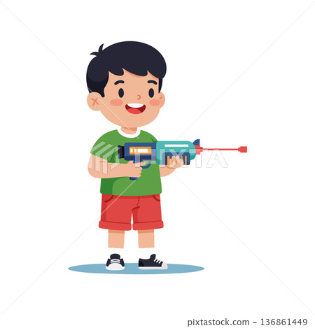 Boy playing with blue water gun in green shirt and red shorts vector illustration Boy playing with blue water gun in green shirt and red shorts vector illustration 136861449