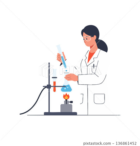 Female scientist conducting chemical experiment with test tubes and burner in laboratory vector illustration 136861452