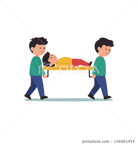Two Boys Carrying Person on Stretcher Illustration in Flat Design Style Two Boys Carrying Person on Stretcher Illustration in Flat Design Style 136861454