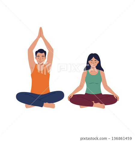 Man and woman practicing meditation yoga sitting cross-legged in calm peaceful setting vector illustration Man and woman practicing meditation yoga sitting cross-legged in calm peaceful setting vector illustration 136861459