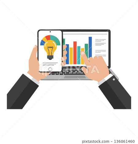Businessman analyzing colorful charts on smartphone and laptop for data insight vector illustration Businessman analyzing colorful charts on smartphone and laptop for data insight vector illustration 136861460