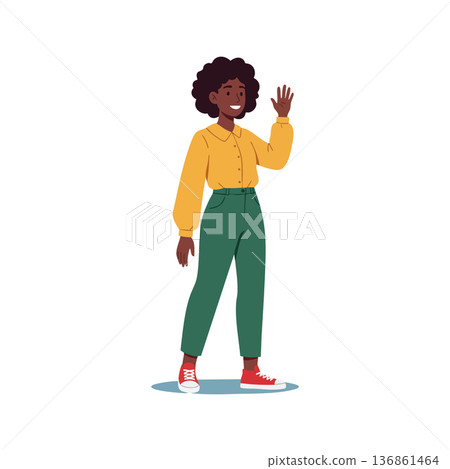 Young woman waving hand wearing yellow shirt green pants and red shoes casual style vector illustration Young woman waving hand wearing yellow shirt green pants and red shoes casual style vector illustration 136861464